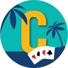 A letter “C” has palm trees in the background with a card from every suit.