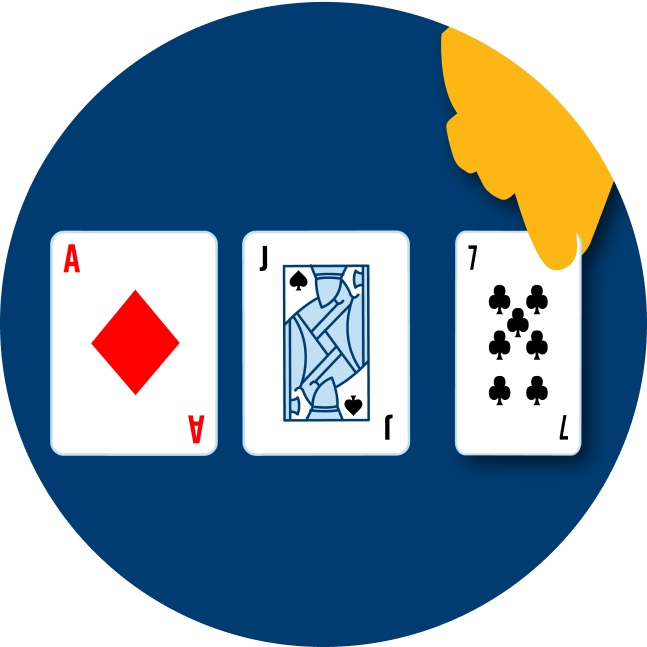 Three cards are shown face up: an Ace of Diamonds, a Jack of Spades and a 7 of clubs.