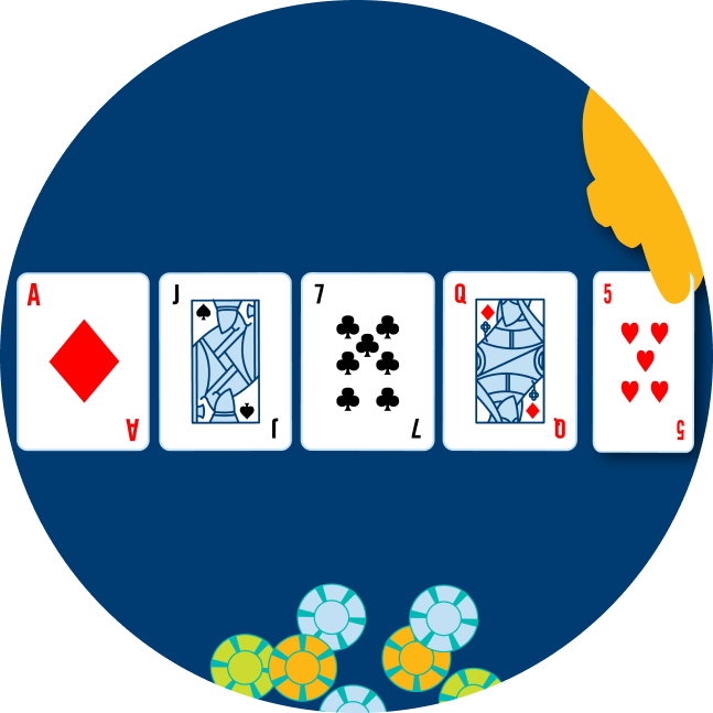 Five cards are shown face up, with a hand revealing the last one: an Ace of Diamonds, a Jack of Spades, a 7 of clubs, a Queen of Diamonds and a 5 of hearts. Some poker chips are shown below it.