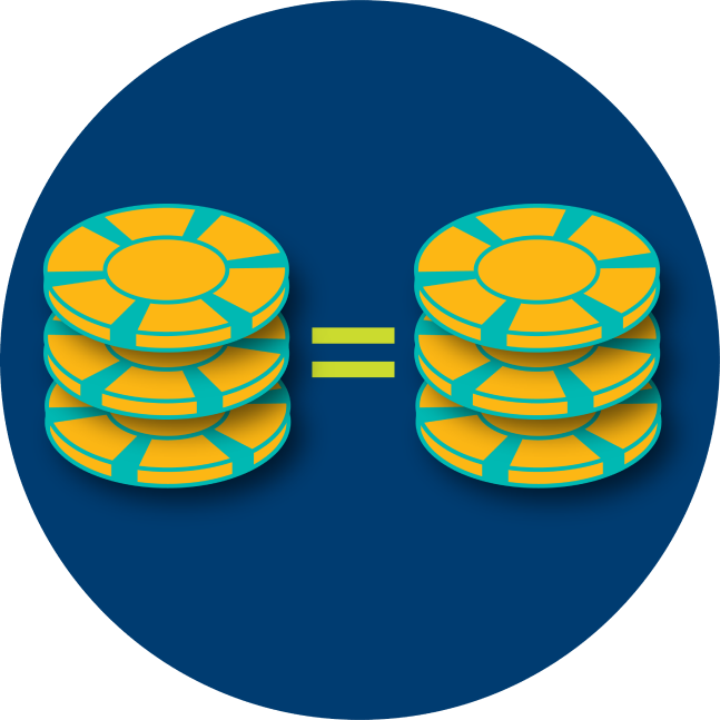 Two piles of three poker chips have an equal sign in the middle.