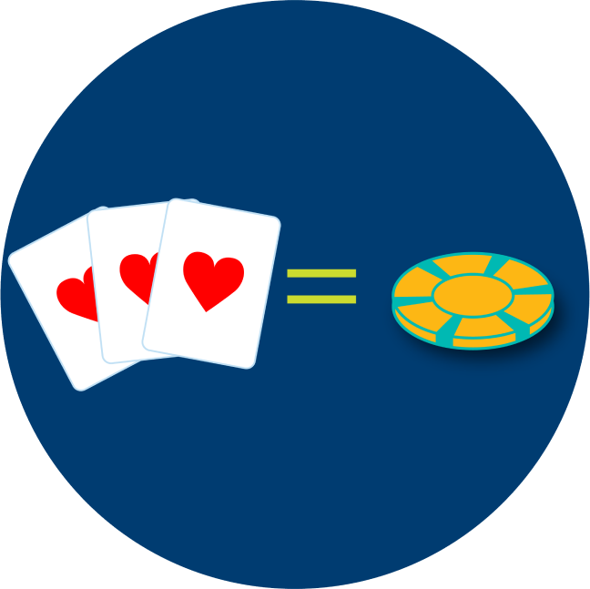 Three cards with a heart symbol and a poker chip have an equal sign between them.