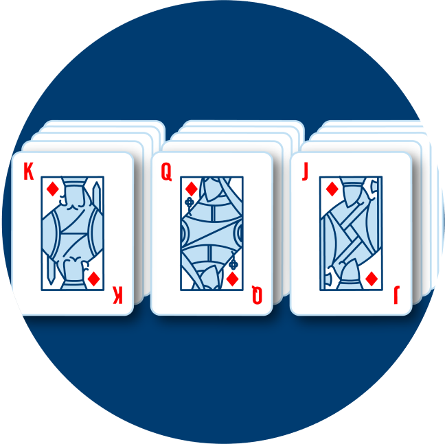Three stacks of cards are shown. One stack has a King of Diamonds on top, another has a Queen of Diamonds and the last has a Jack of Diamonds.