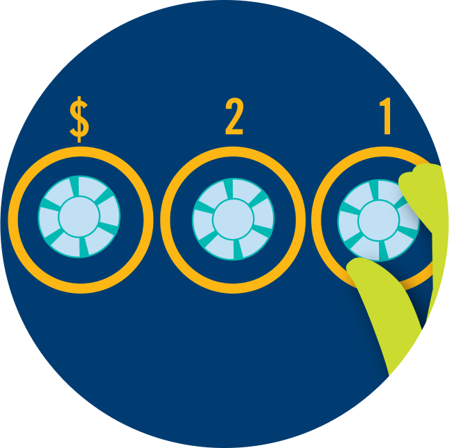 Three betting areas are shown, each with a poker chip. From right to left, one circle has 1 written on top, another has 2 and the last has a dollar sign.