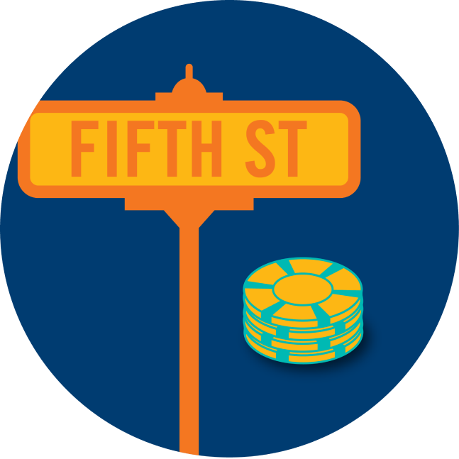 A street sign that says “Fifth Street” is shown next to a stack of poker chips.