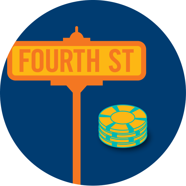 A street sign says “Fourth Street” is shown next to a stack of poker chips.