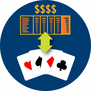 A double arrow points at a pay table and some cards.