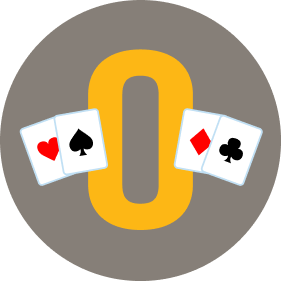 A letter “O” has two cards on each side. On the left is a card with the heart symbol, then one with a spade. On the right is a card with a diamond symbol, then one with clubs.