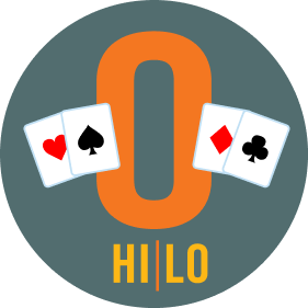 A letter “O” has two cards on each side. On the left is a card with the heart symbol, then one with a spade. On the right is a card with a diamond symbol, then one with clubs. On the bottom, it reads Hi/Lo.