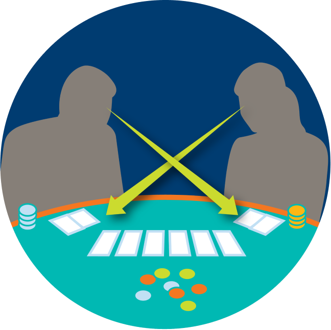 Two players look at each other’s cards, symbolized by arrows pointing towards the opposite player’s cards.