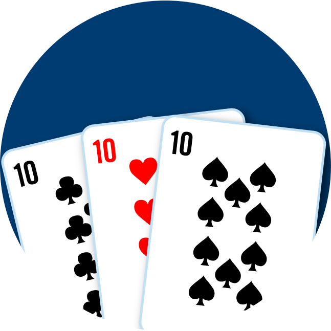 A three of a kind formed with a 10 of clubs, 10 of hearts and a 10 of spades.