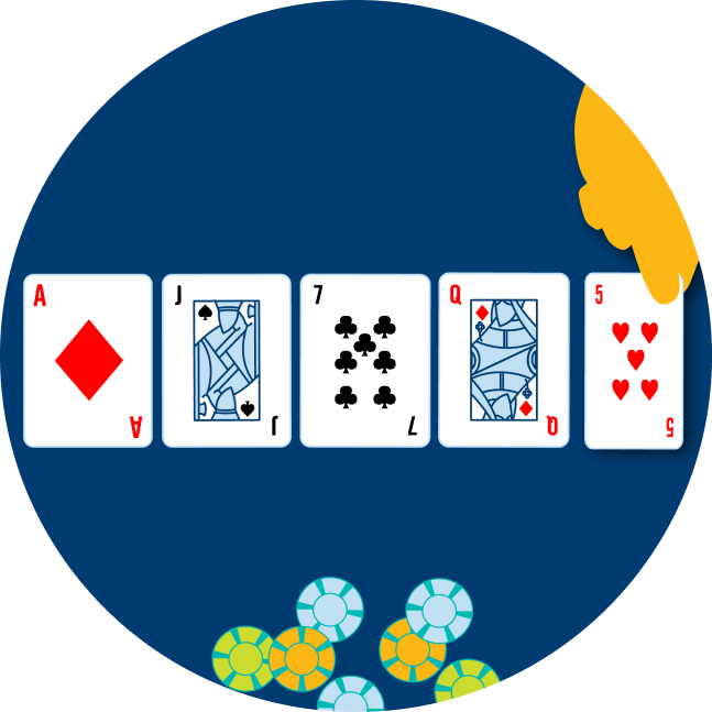 五張牌面朝上，一隻手正揭曉最後一張，分別為方塊A，黑桃J，梅花7，方塊Q和紅心5。下方擺放著一些撲克籌碼。