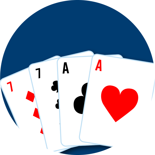 Four cards are shown. The first pair is a 7 of diamonds and a 7 of clubs. On the right is an Ace of Clubs and an Ace of Hearts.