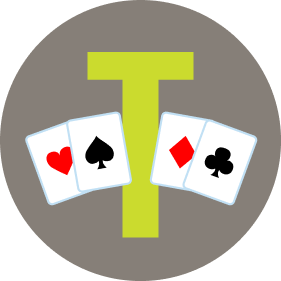 A letter “T” has two cards on each side. On the left is a card with the heart symbol, then a spade. On the right is a card with a diamond symbol, then one with clubs.