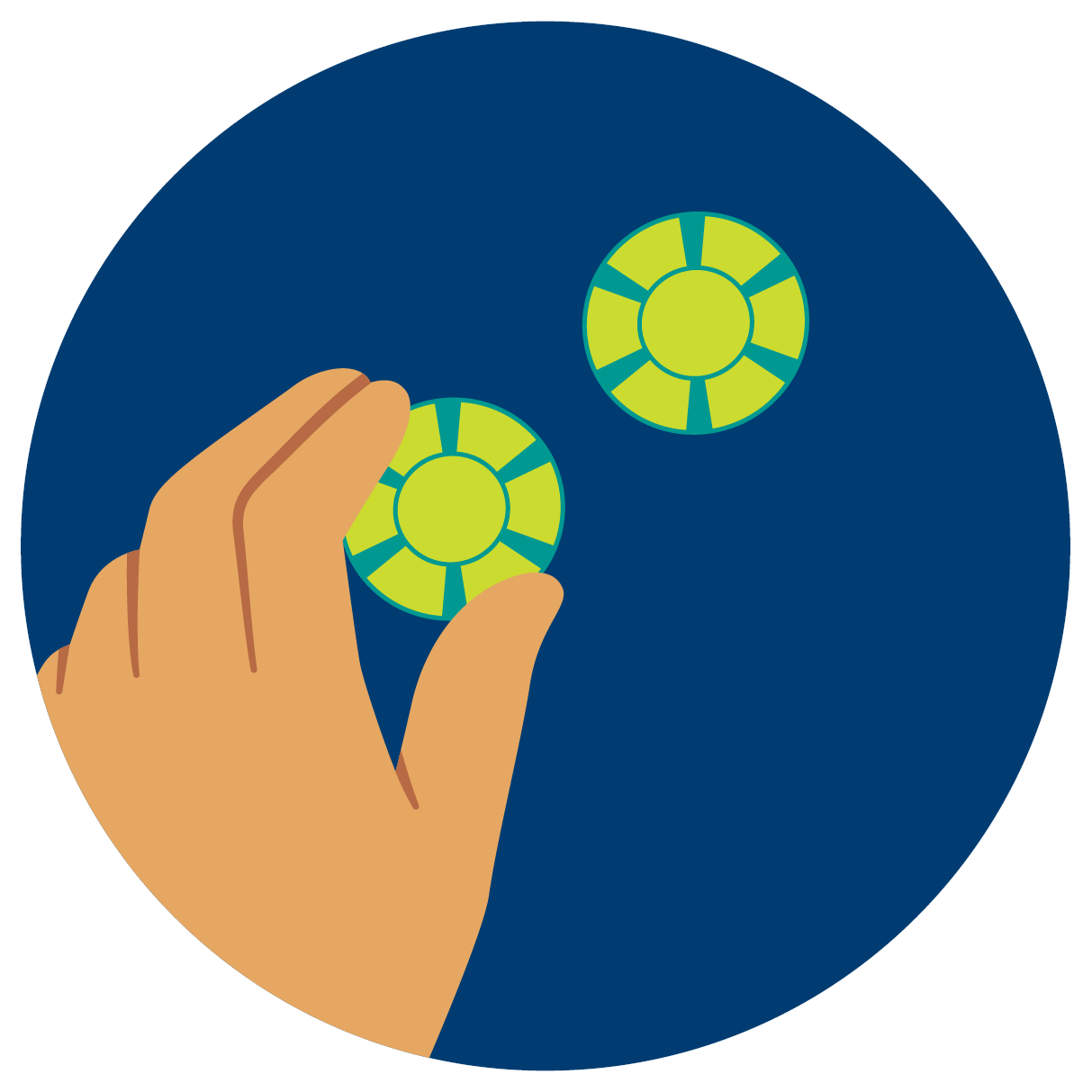 A hand places a poker chip next to another.