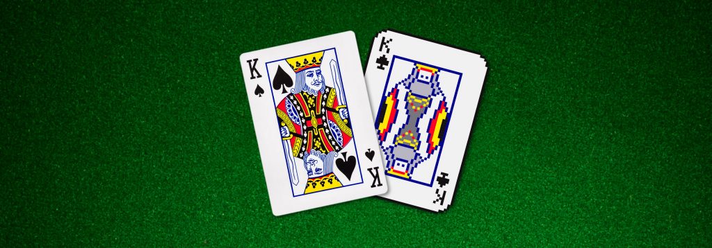 A physical card of the King of Spades is shown next to a digitized version of the King of Spades card.