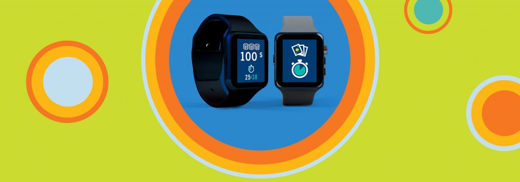 Deux montres intelligentes affichent un budget de jeu et des informations sur le temps. L’écran de la montre de gauche comporte des jetons de poker, l’heure et le montant « 100 $ ». L’écran de la montre de droite comporte un chronomètre au-dessus duquel se trouvent trois cartes.