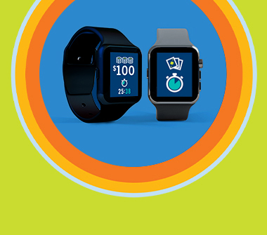 Two smartwatches show gaming budget and timing updates. The watch screen on the left has poker chips, the time and “$100” written. The watch screen on the right has a timer with three cards above it.