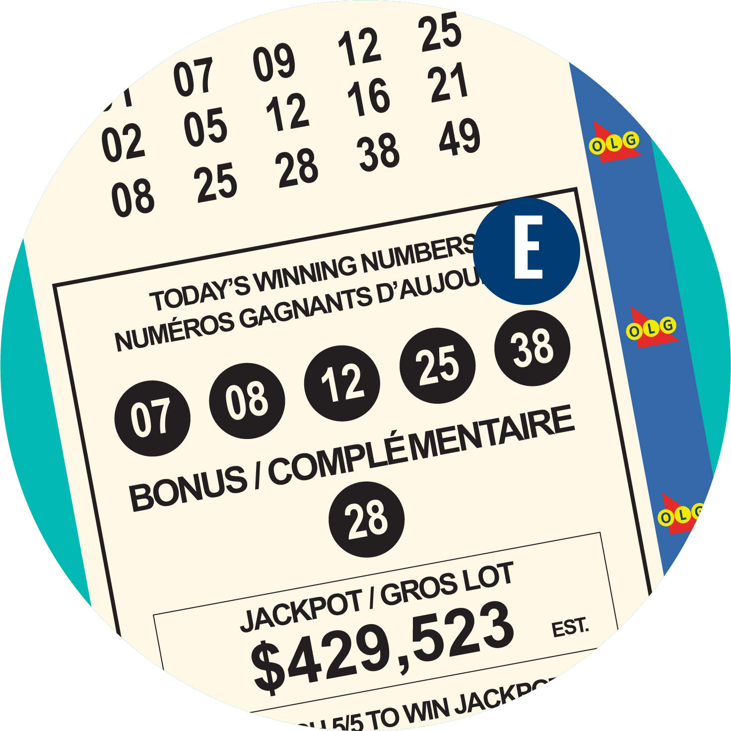 A line of five numbers at the bottom of the LIGHTNING LOTTO ticket is labelled “E”.