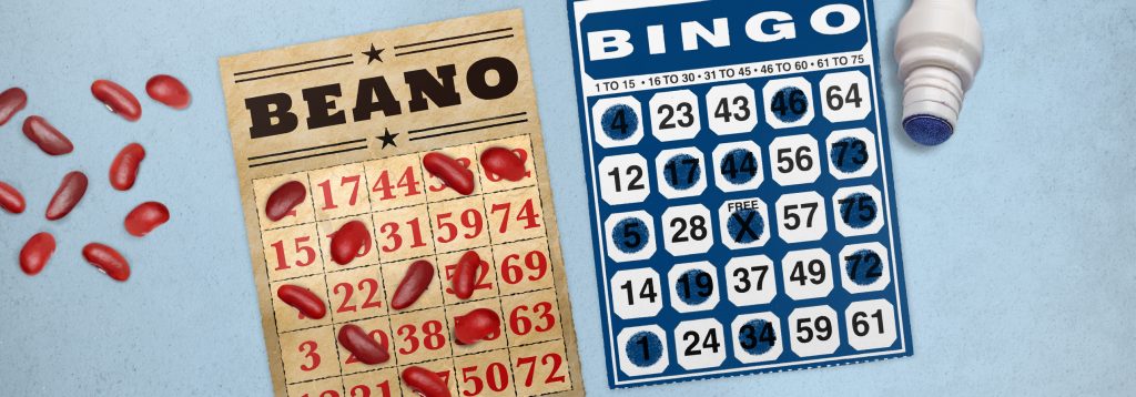 Bingo card with beans on top.