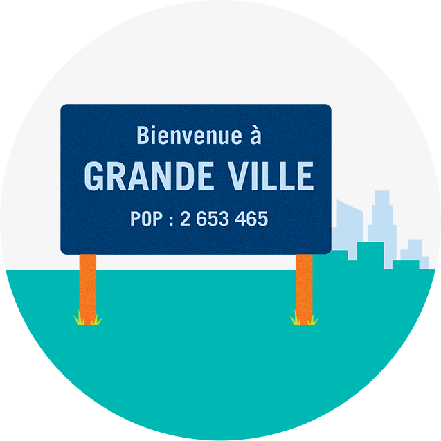 Un panneau routier sur lequel est inscrit « Bienvenue à GRANDE VILLE, population 2 653 456 ».