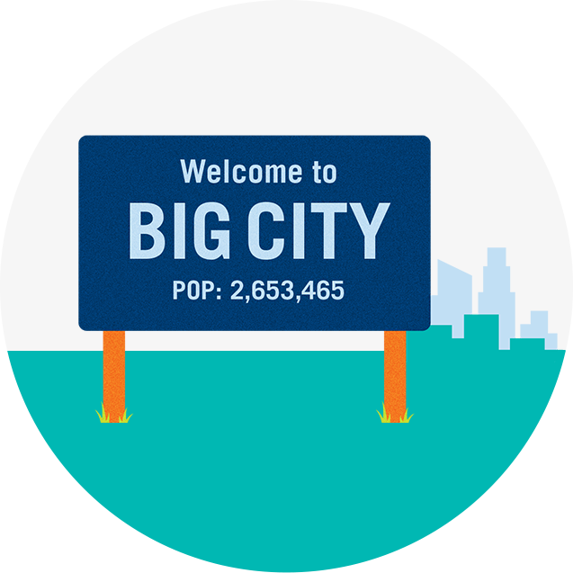 A road sign that reads, “Welcome to BIG CITY, population 2,653,456”.
