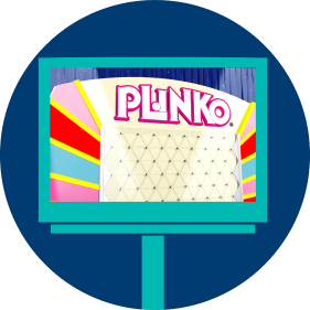 A lottery terminal screen displays an animated PLINKO board where players will watch the animated chip drop.