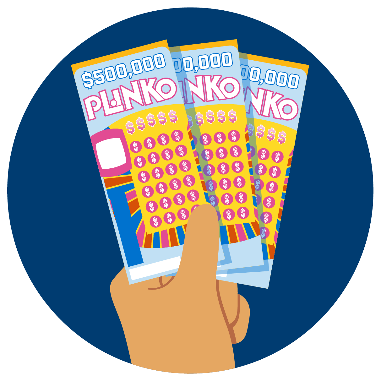 A hand holds four INSTANT PLINKO tickets.