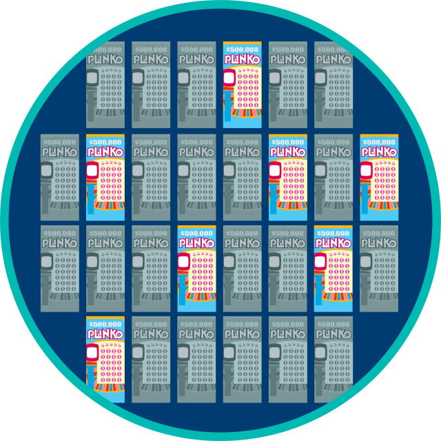 Four rows of tickets are shown, with only a fourth of the tickets in colour to represent those that may have prizes.