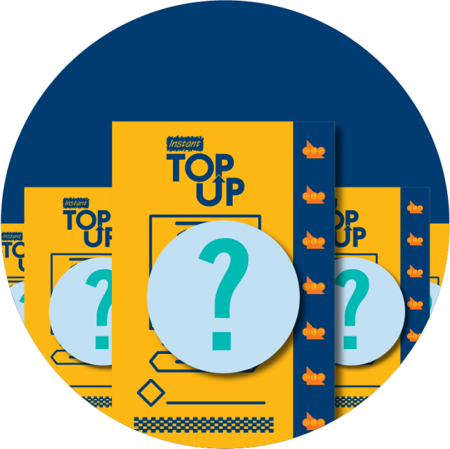 Multiple INSTANT TOP UP tickets are displayed alongside each other with a question mark in each one, signifying that outcomes are random for each ticket.