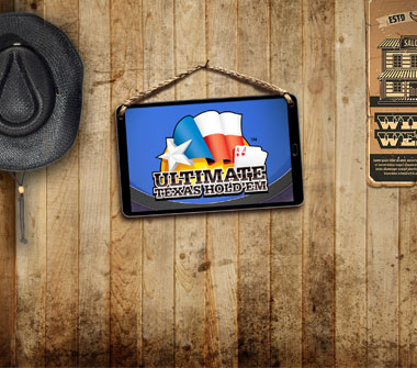 Against a wooden wall are a guitar, a cowboy hat, a tablet and a Western poster. The tablet screen shows imagery for an Ultimate Texas Hold’em digital offering.