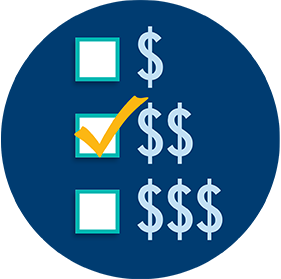 Three spend levels low, medium, and high are shown using dollar signs signifying a player’s budget. The middle option is checked off.