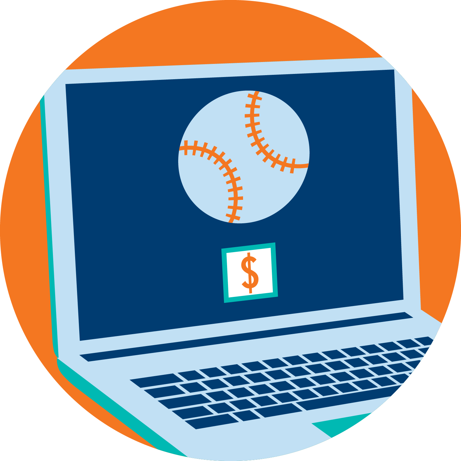 A laptop is shown with one baseball and a box filled in with a dollar sign, signifying one bet being made.