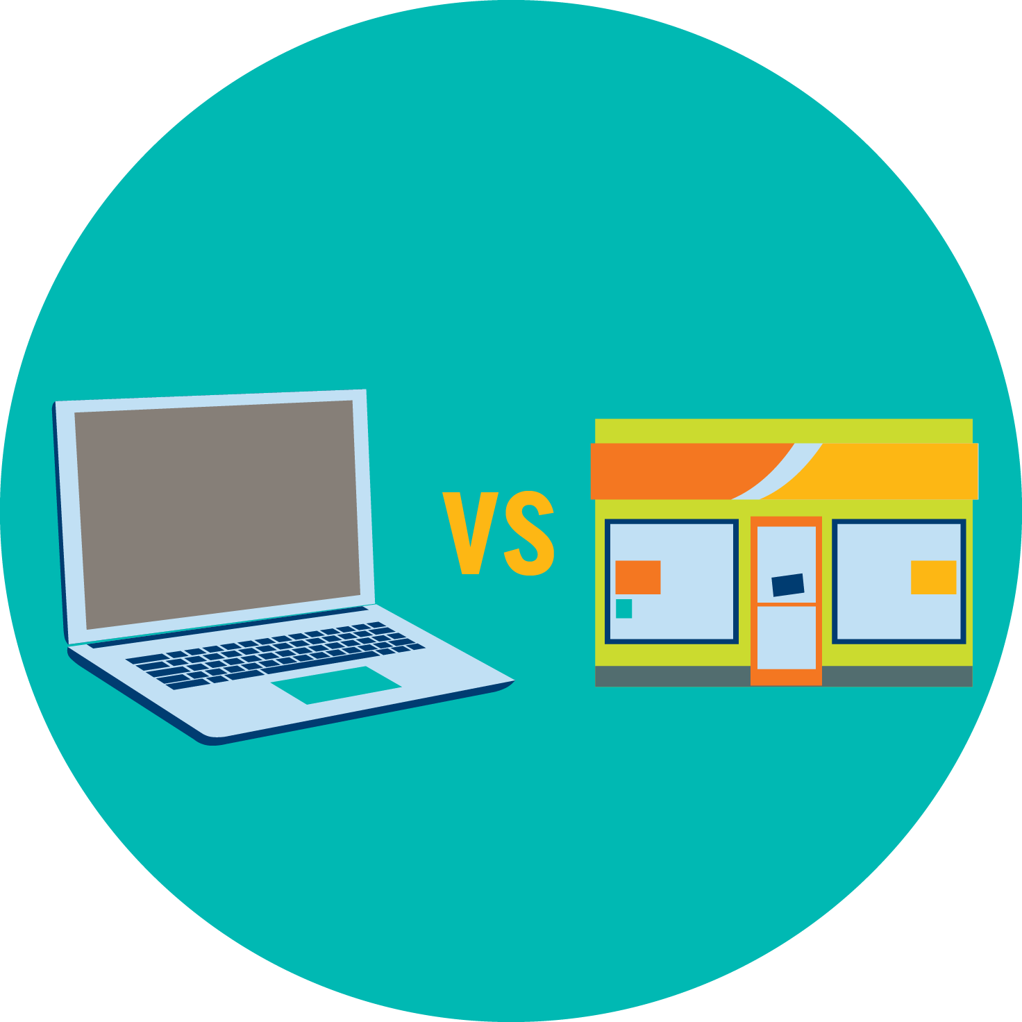 A laptop is shown versus a store, signifying a comparison between online and retail sports betting.