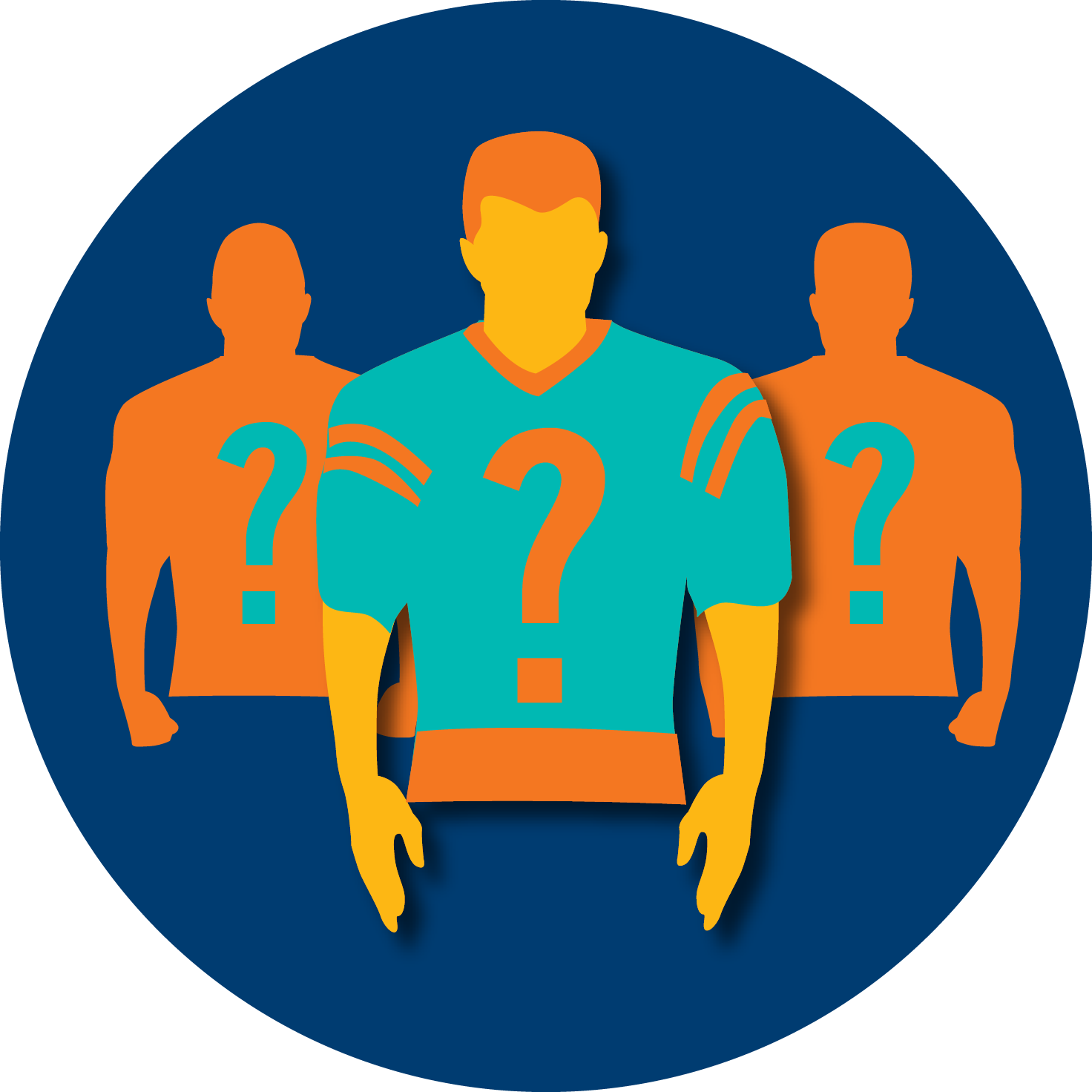 A football player is shown with two silhouettes with question marks on each side, signifying that there is no certain way to predict a winner in sports.