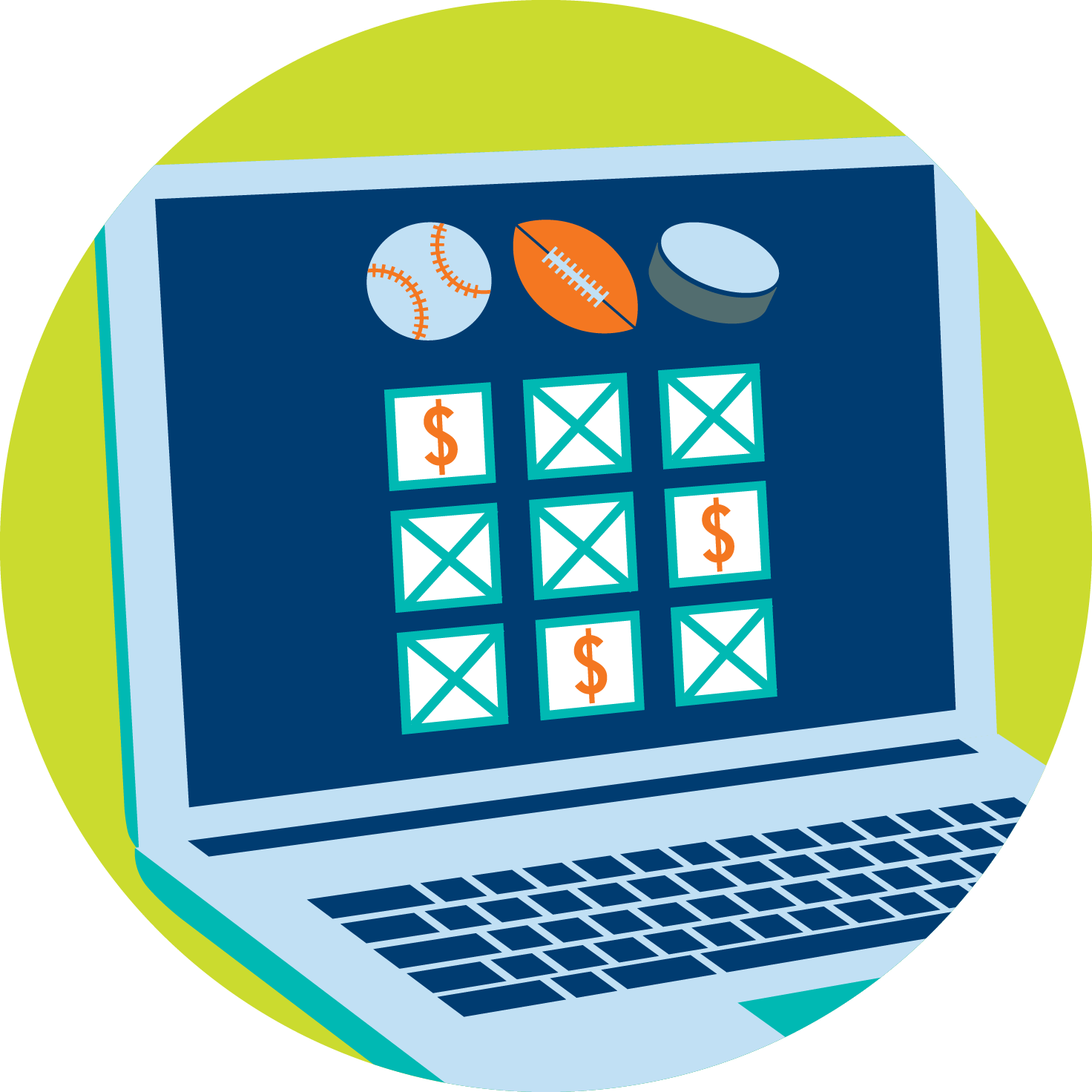 A laptop is shown with three columns lead by a baseball, a football, and a hockey puck. There are three rows of bets under each column, representing two or more selections in one overall bet.