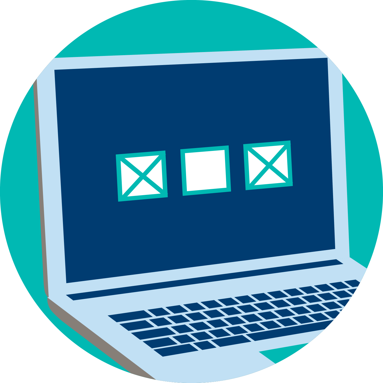 A laptop is shown with three boxes. All boxes, except for the one in the middle is crossed off.