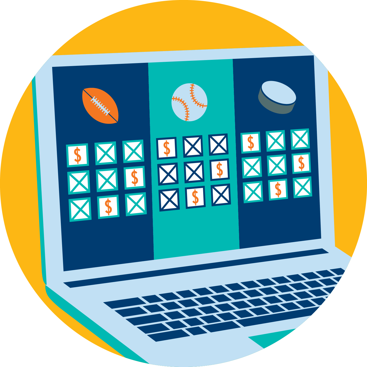 Groups of three rows of bets are shown under each a football, a baseball, and a hockey puck, signifying the multi-bet combinations.