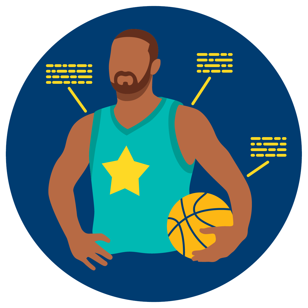 A basketball player is seen with stats around them.