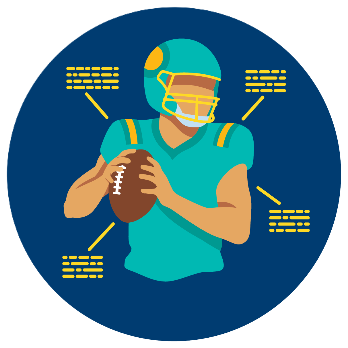 A football player is shown with stats around the athlete.