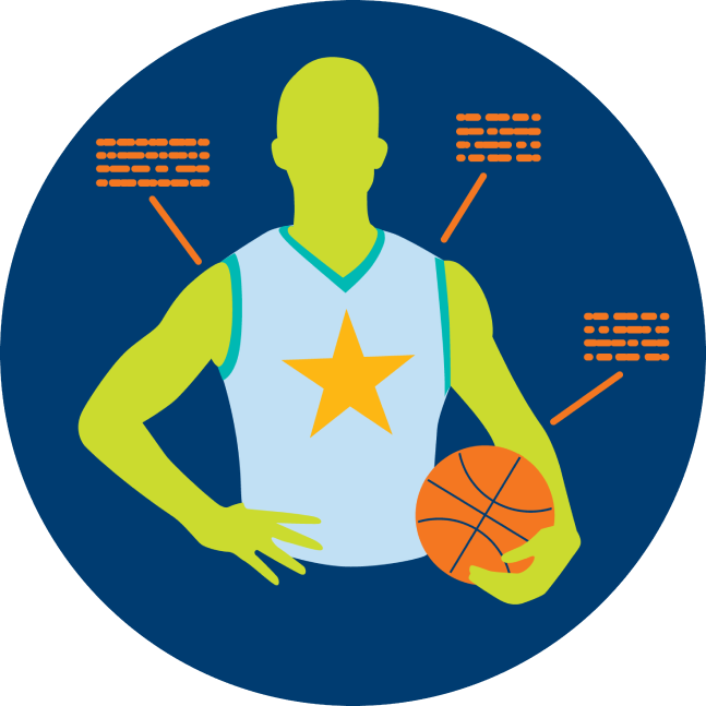 A basketball player is seen with stats around them.