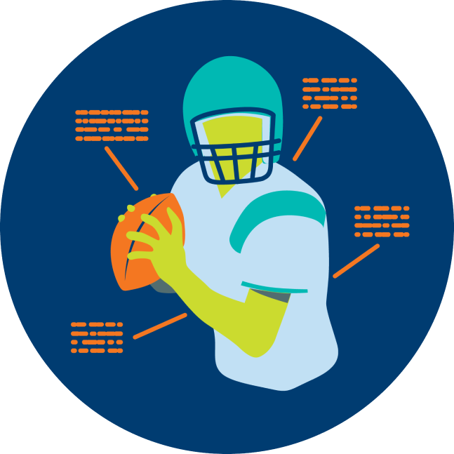 A football player is shown with stats around the athlete.