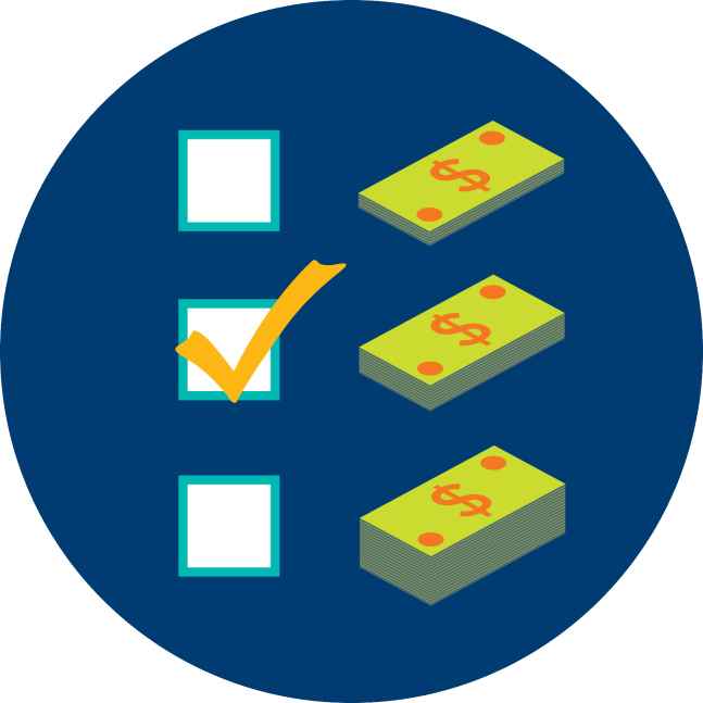 Trois niveaux de mises – bas, moyen et élevé – sont illustrés à l’aide d’empilements de billets de banque de tailles différentes. L’option du milieu est cochée.