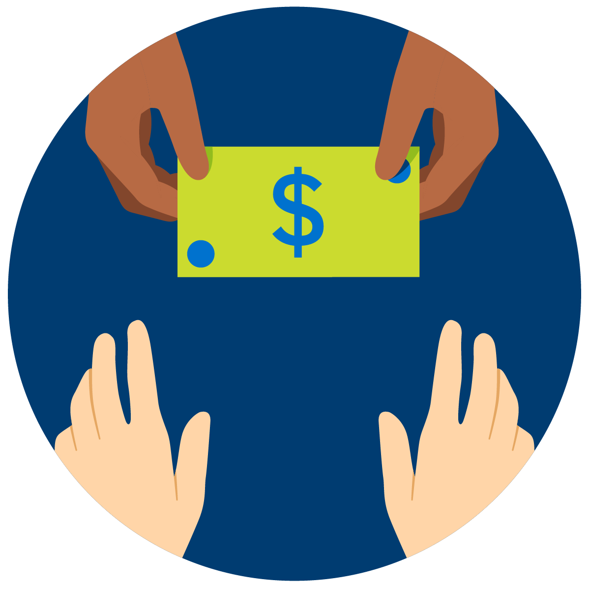 A dollar bill is exchanged between two sets of hands.