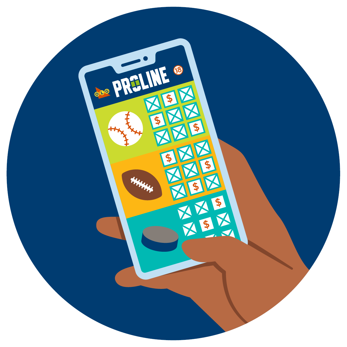 Groups of three rows of bets are shown next to each a baseball, a football, and a hockey puck, signifying the multi-bet combinations. All bets are shown within the context of a phone.