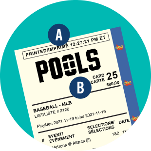 On the top third area of the POOLS ticket, a letter “A” at the top highlights the time the ticket was printed. A letter “B” near the centre highlights the card number and a bet amount of $80.00.