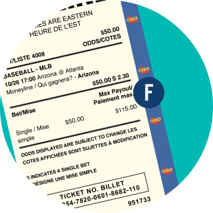 The middle area of the PROLINE ticket is shown, and on the right a letter “F” highlights a maximum payout of $115.00.