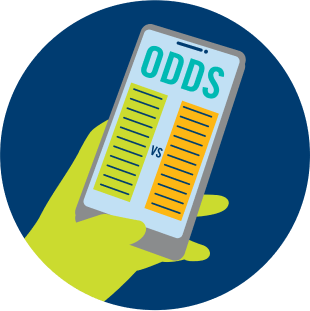 A hand is shown holding up a phone that says “Odds” with various lines on two sides (Team 1 versus Team 2) representing the Odds across a number of events under PROLINE.