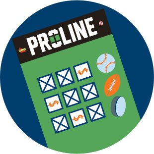 A selection slip is shown with three columns lead by a baseball, a football, and a hockey puck. There are three rows of bets under each column, representing two or more picks in one overall bet.