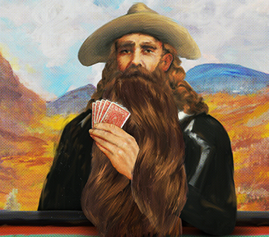 A man with long hair and a long beard is seen holding cards
