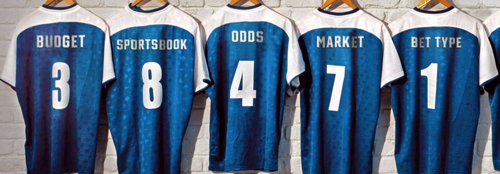 Image Alt Text A row of jerseys are shown with various words related to sports betting such as budget, sportsbook, odds, market, bet type